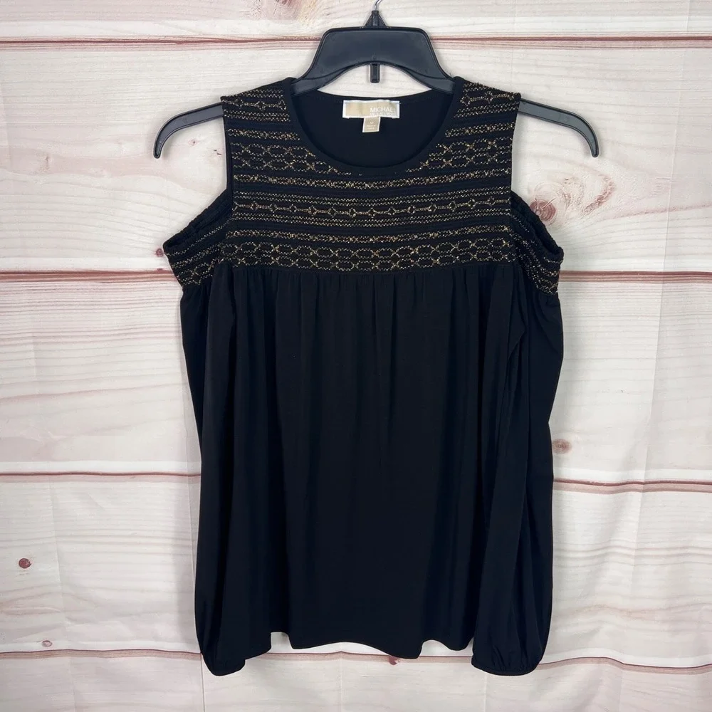 Michael Kors Top‎ Womens M Black Cold Shoulder Blouse Smocked Neck Jersey Knit